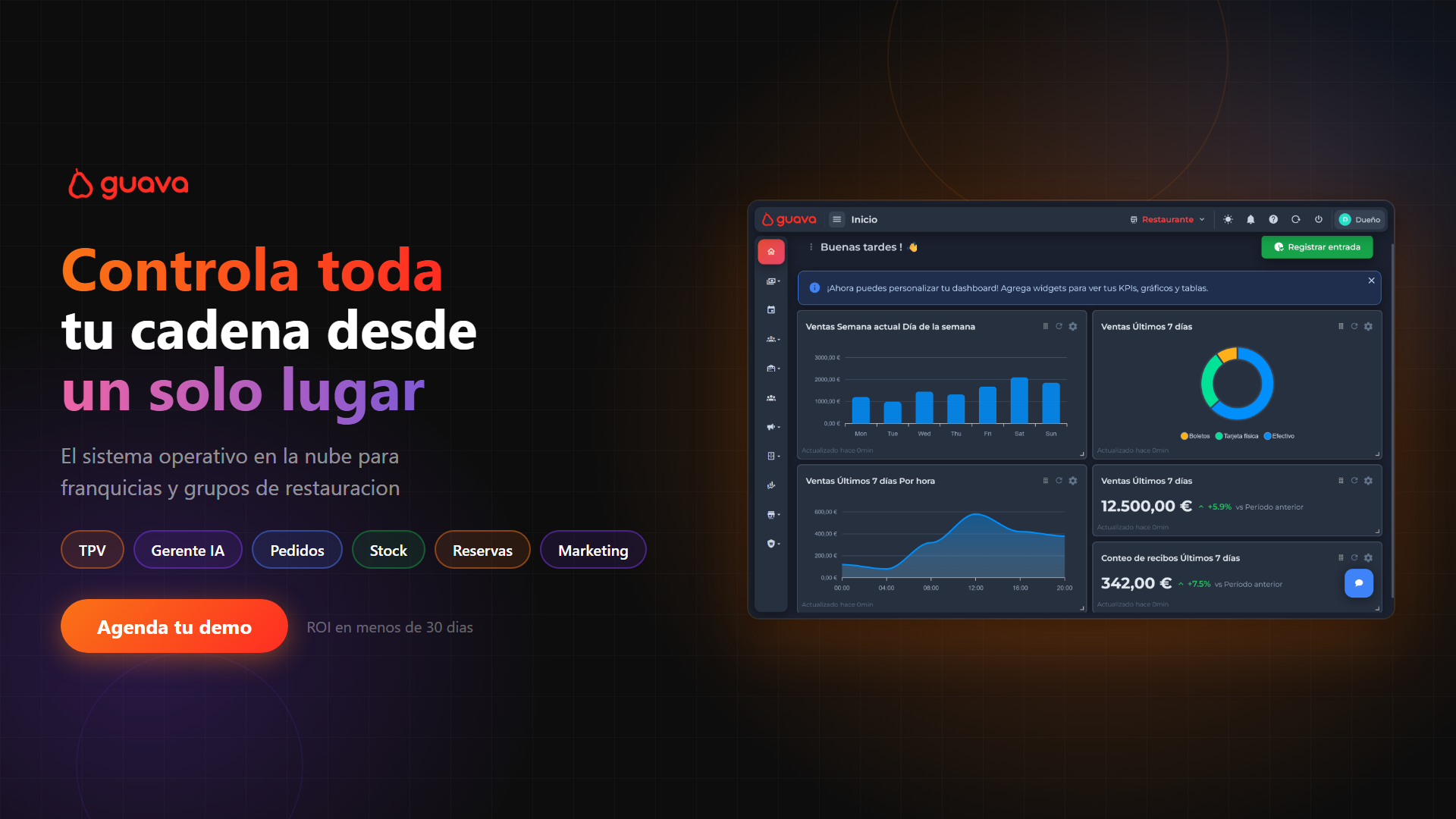 Interfaz moderna del panel de control del restaurante que muestra análisis y gestión de mesas en una pantalla clara