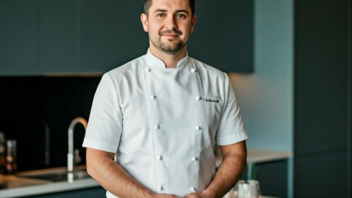 Smiling restaurant owner behind the counter, looking at a tablet