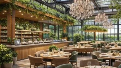 Render fotorealista del tauler de Guava en una tauleta d'alta gamma a la barra d'un restaurant, mostrant comandes en viu i mètriques clau