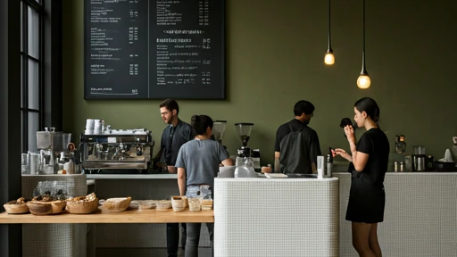 Busy modern cafe counter with baristas working and customers ordering