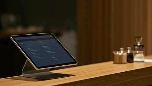 Modern minimalist restaurant counter with sleek POS system and tablet
