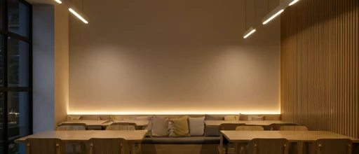 Abstract minimalist restaurant interior with modern lighting and clean tables