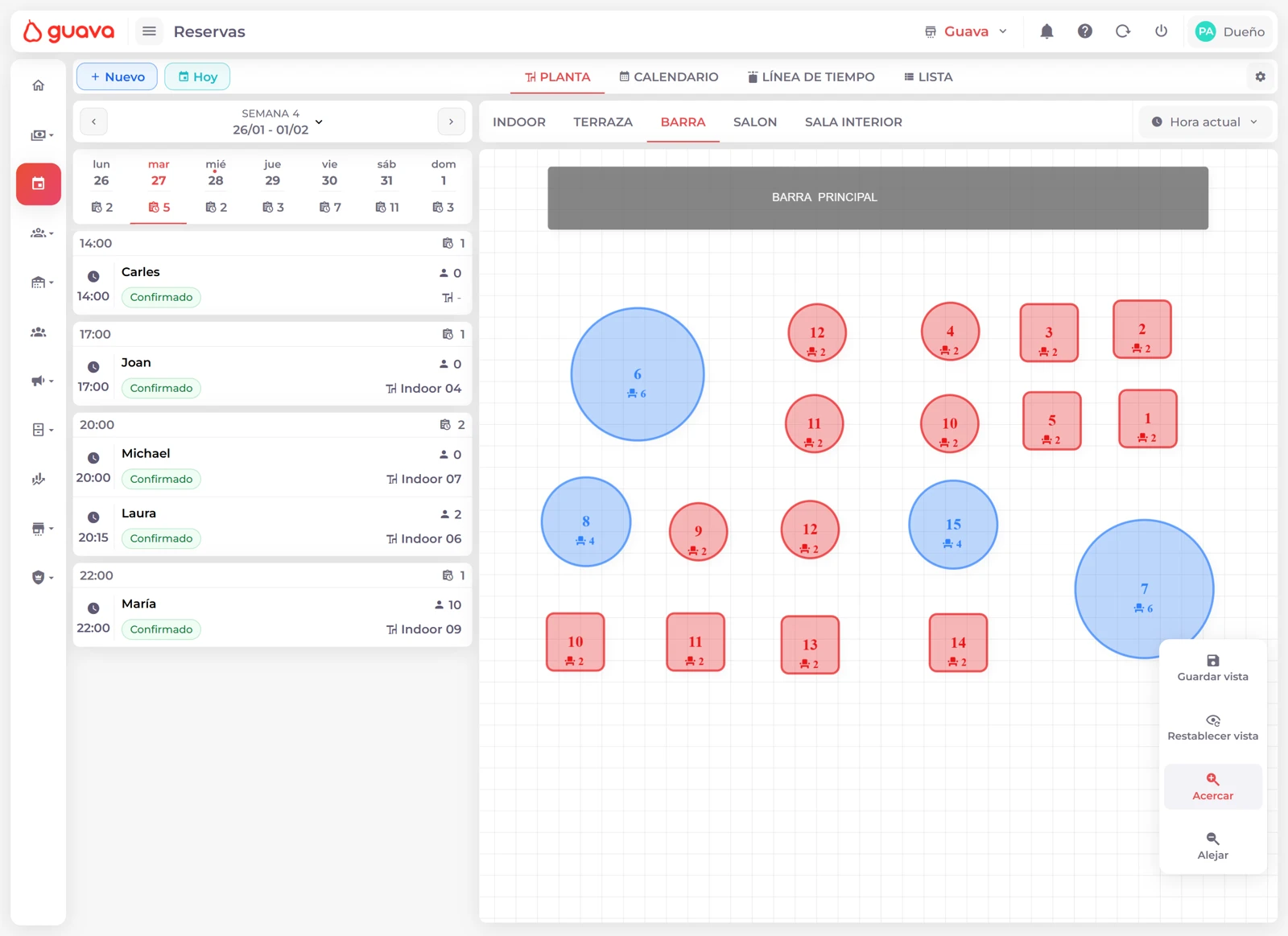 Guava booking interface showing tables and real-time availability