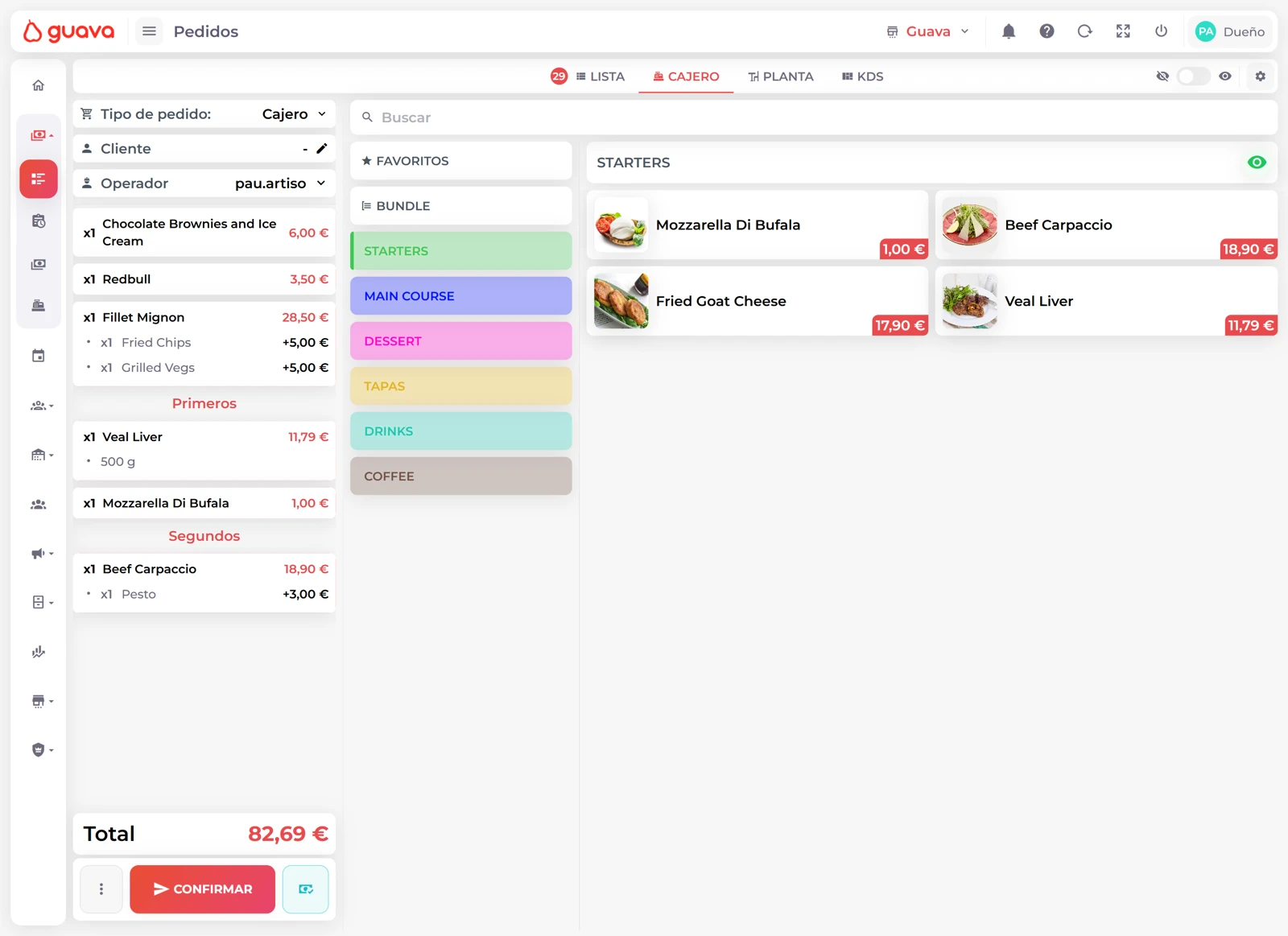 Guava Orders Interface showing POS, Cashier, and menu by categories