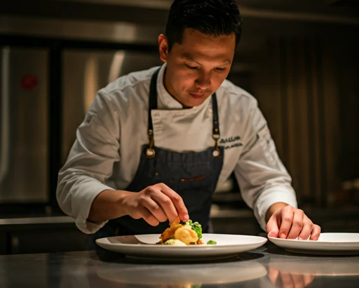 Busy restaurant chef plating food