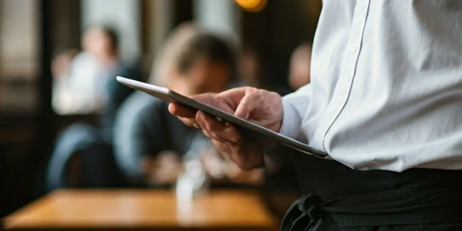 Waiter using a handheld tablet device in a busy restaurant