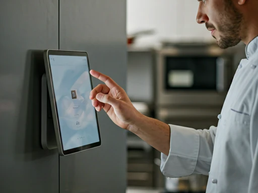 Close-up of a chef interacting with a sleek, wall-mounted KDS tablet in a modern kitchen, highlighting seamless integration into workflow